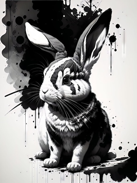 顔に縞模様のあるウサギの白黒の絵。