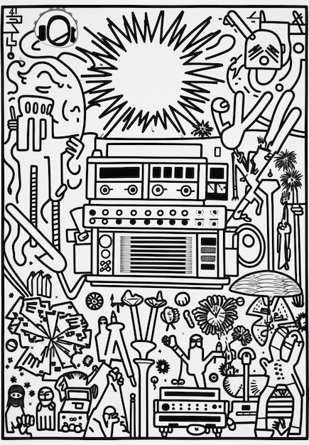 a black and white drawing of a radio surrounded by various objects generative ai