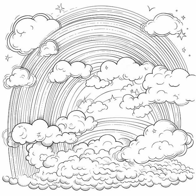 A black and white drawing of a rainbow with clouds and stars generative ai