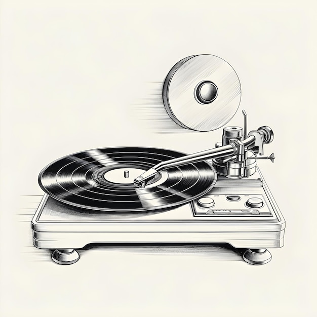 A black and white drawing of a record player with the number 1 on it.