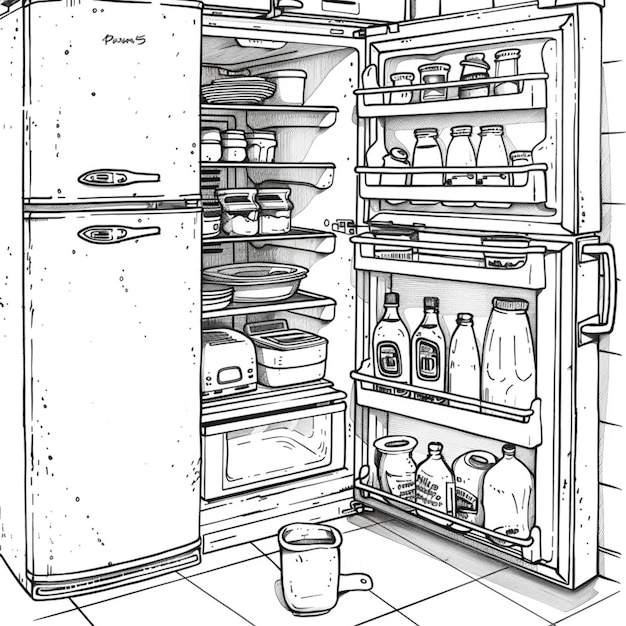 a black and white drawing of a refrigerator with a bottle of milk in it