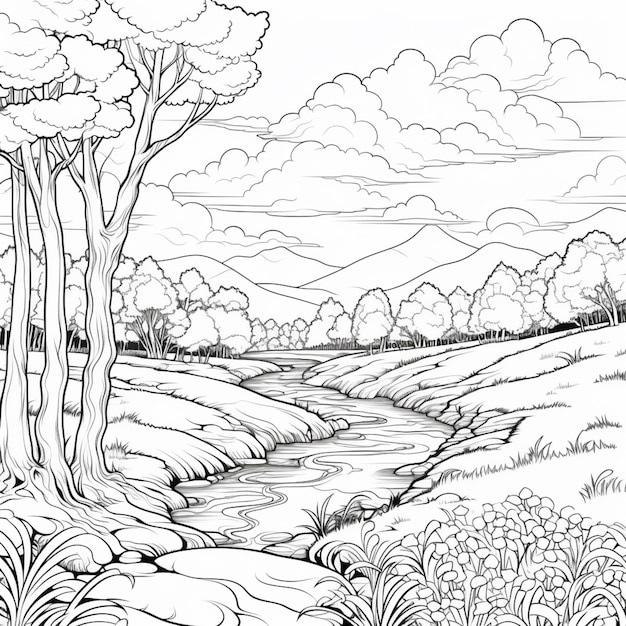 a black and white drawing of a river in a field generative ai