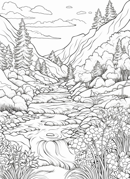 a black and white drawing of a river surrounded by trees generative ai