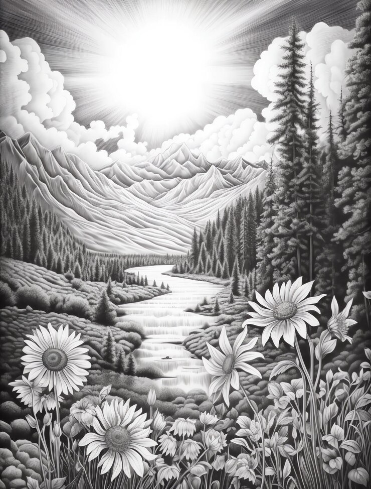 फोटो a black and white drawing of a river with flowers and mountains