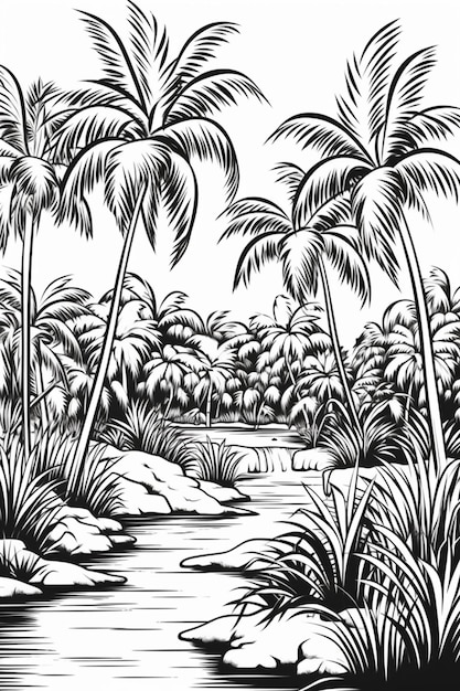 a black and white drawing of a river with palm trees generative ai