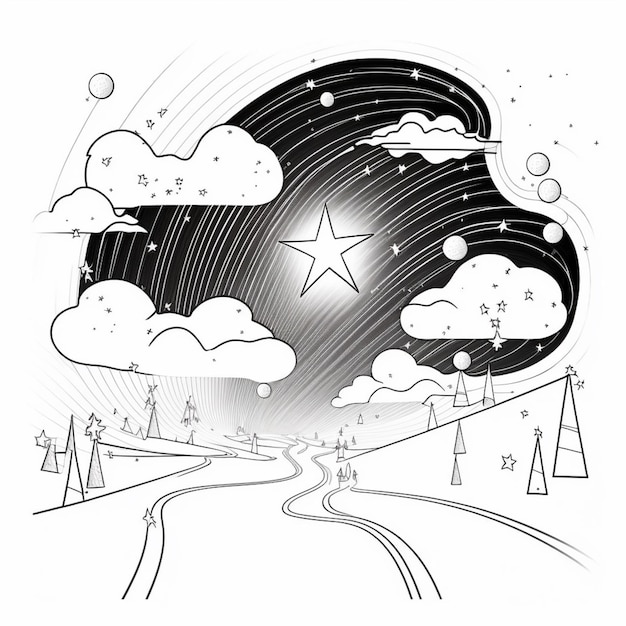 a black and white drawing of a road with a star in the sky generative ai