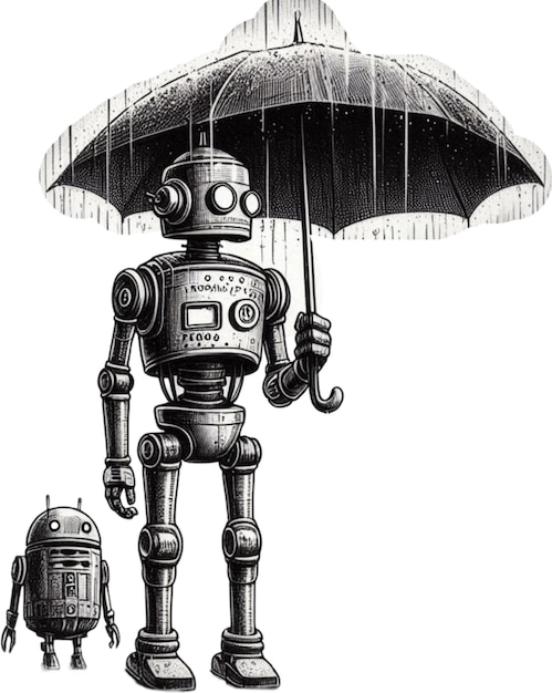 傘を持ったロボットの黒と白の絵