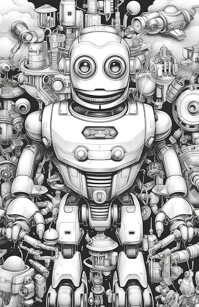 A black and white drawing of a robot with the word robot on it.