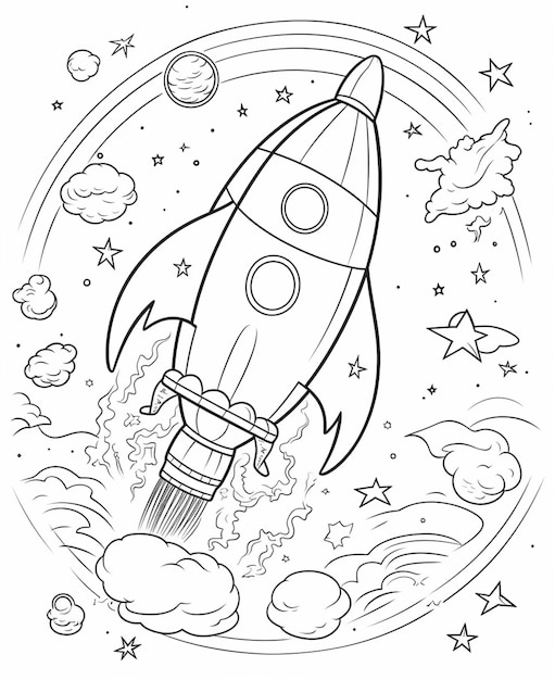 Photo a black and white drawing of a rocket flying through space.