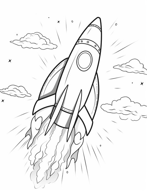 a black and white drawing of a rocket ship flying through the sky generative ai