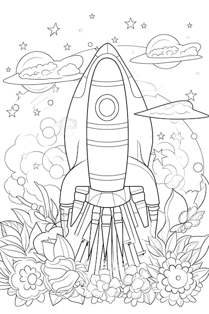 Photo a black and white drawing of a rocket with the words space on it.