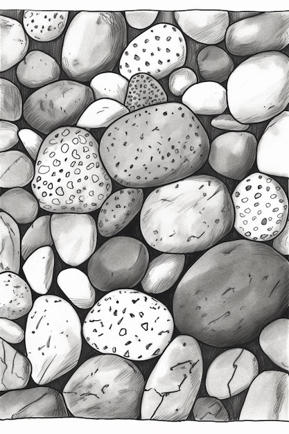 A black and white drawing of rocks with a pattern of dots and lines.