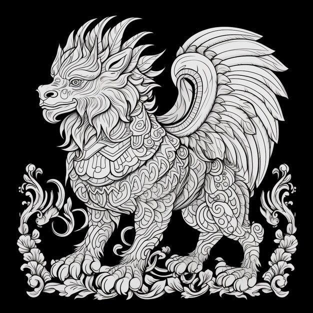 a black and white drawing of a rooster with ornate designs generative ai