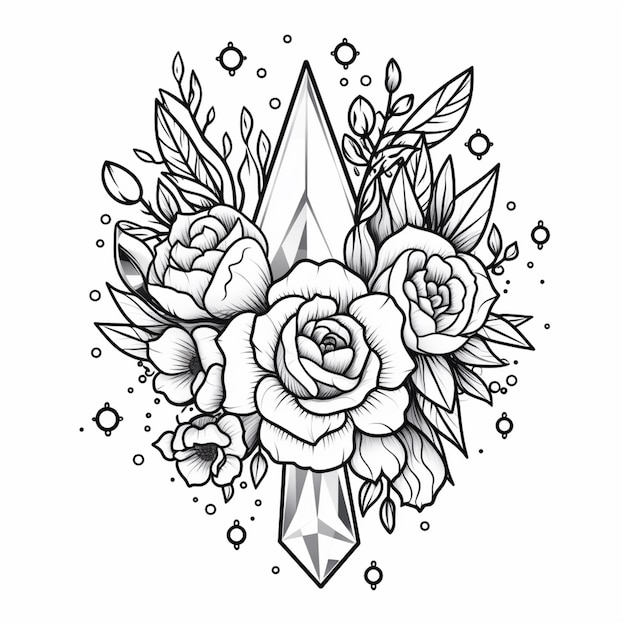 a black and white drawing of a rose and a crystal generative ai