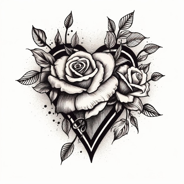 A black and white drawing of a rose and heart with leaves generative ai