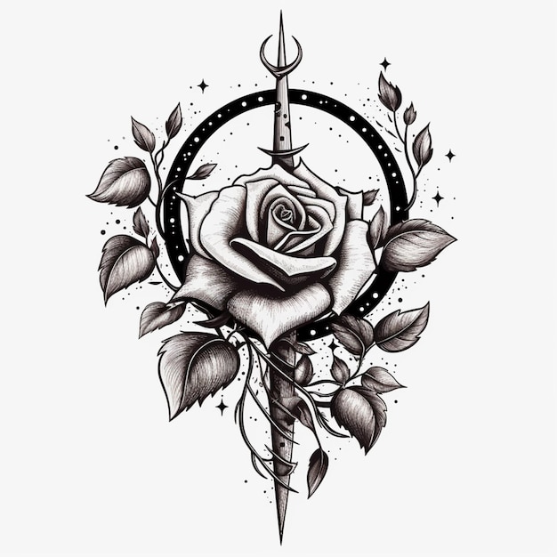 A black and white drawing of a rose with a dagger generative ai