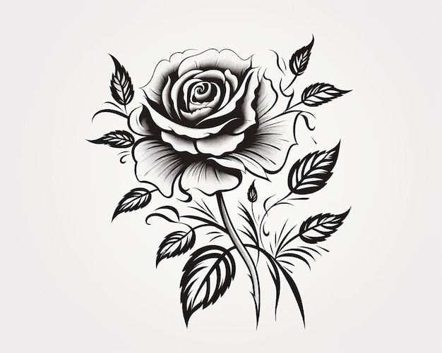 A black and white drawing of a rose with leaves and branches.