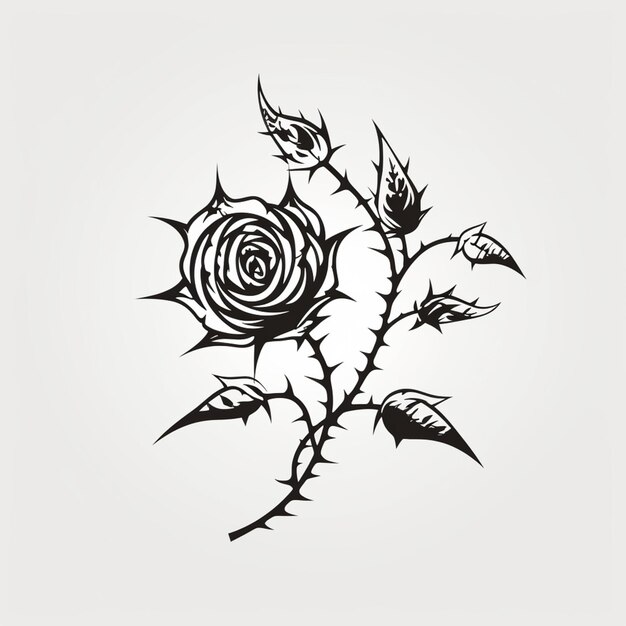 a black and white drawing of a rose with leaves generative ai