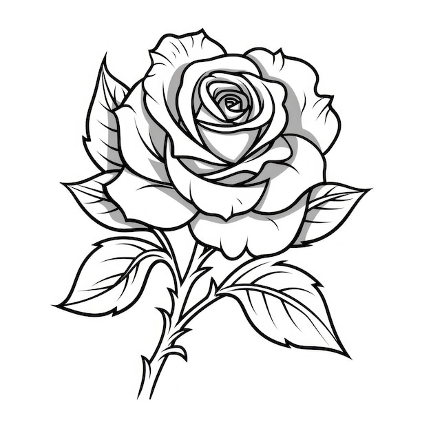 a black and white drawing of a rose with leaves and leaves.