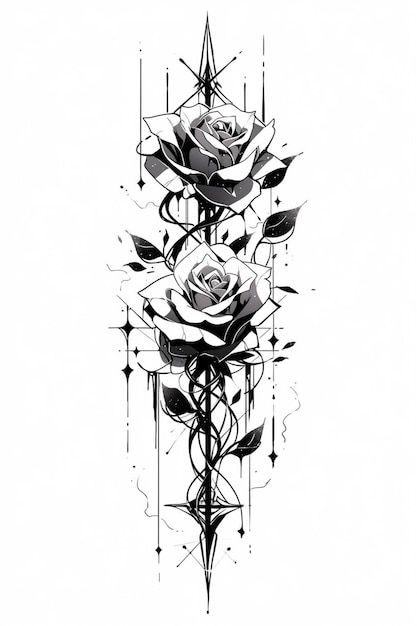 A black and white drawing of a rose with a star on it generative ai