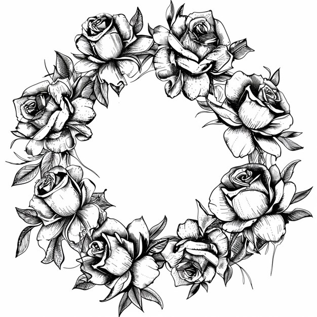 a black and white drawing of roses arranged in a circle generative ai