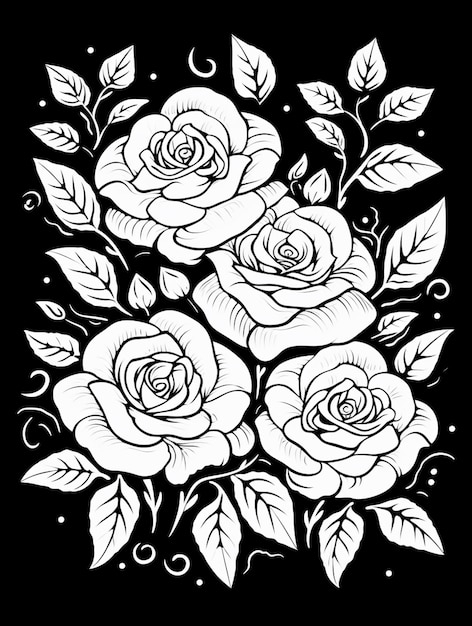 Foto un disegno in bianco e nero di rose con foglie generative ai