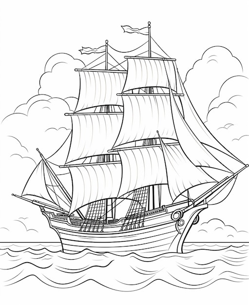 A black and white drawing of a sailboat in the ocean generative ai
