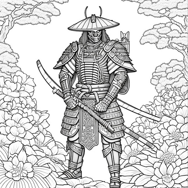 Photo a black and white drawing of a samurai standing in a field of flowers generative ai