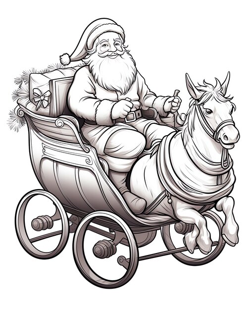 a black and white drawing of a santa claus in a carriage