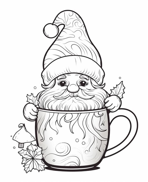 a black and white drawing of a santa claus mug with holly leaves generative ai