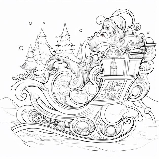 a black and white drawing of santa claus riding in a sleigh generative ai