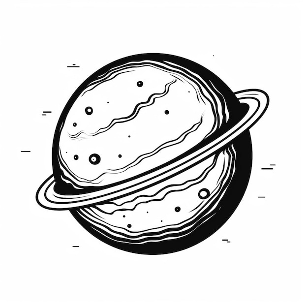 a black and white drawing of a saturn planet with a ring generative ai