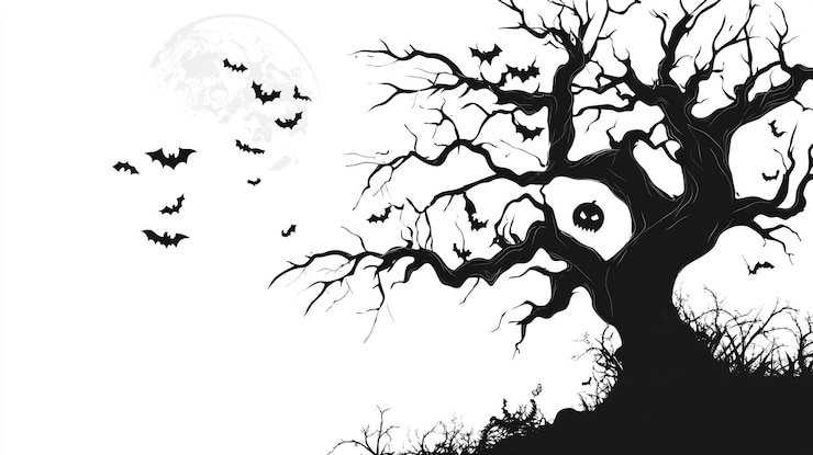 Photo a black and white drawing of a scary tree with bats flying in the sky