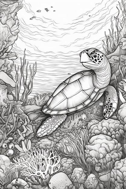 A black and white drawing of a sea turtle.