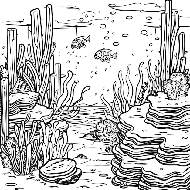 a black and white drawing of a seabed with fish and plants generative ai