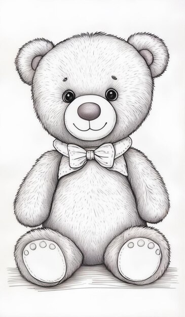 Photo black and white drawing of seated teddy bear with bow