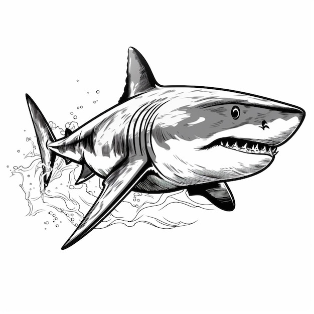 A black and white drawing of a shark with a big smile generative ai