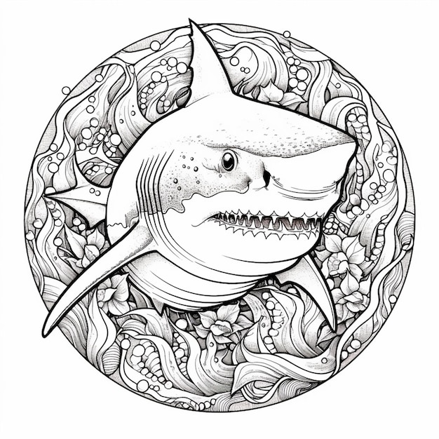 a black and white drawing of a shark with a large mouth generative ai