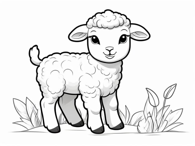 a black and white drawing of a sheep in a field with flowers