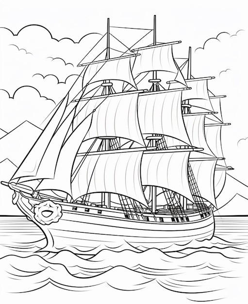 Черно-белый рисунок корабля в океане с генеративным искусственным интеллектом