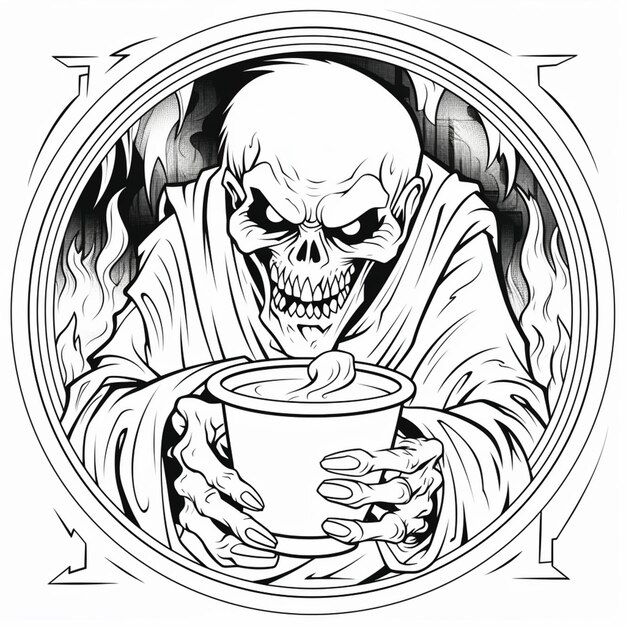 a black and white drawing of a skeleton holding a bowl of soup generative ai