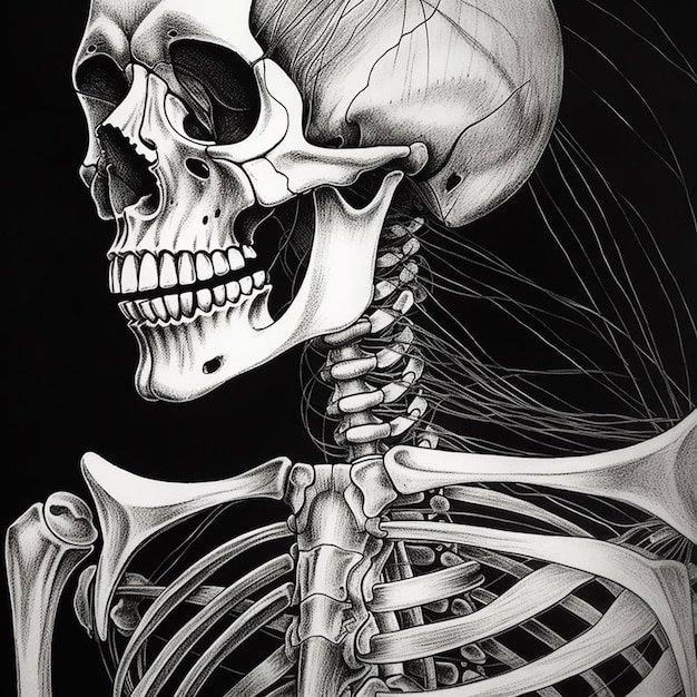 A black and white drawing of a skeleton with the head turned to the left.