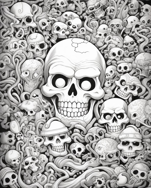 a black and white drawing of a skull surrounded by many skulls generative ai