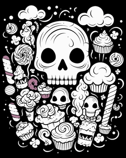 Foto un disegno in bianco e nero di un cranio circondato da dolci generativi ai