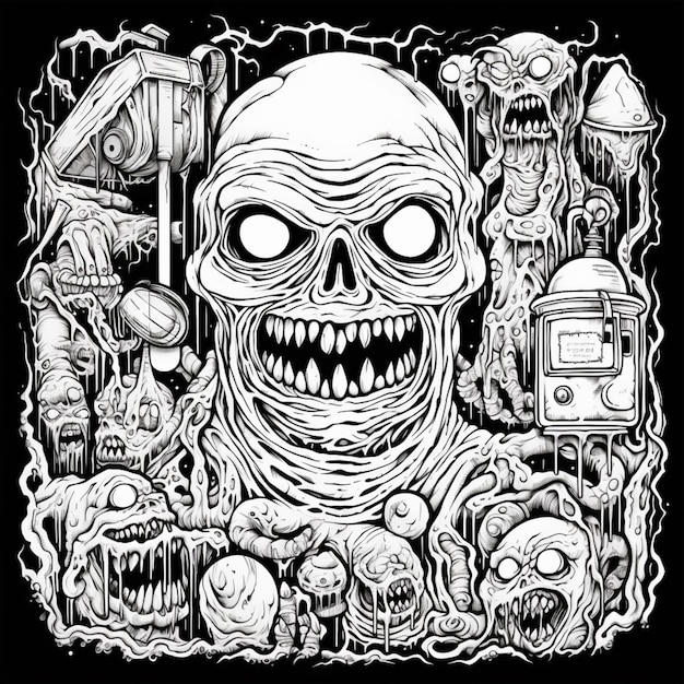 a black and white drawing of a skull surrounded by various monsters generative ai