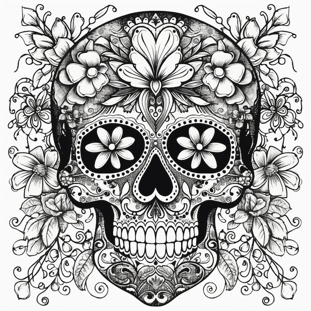 A black and white drawing of a skull with flowers and leaves.