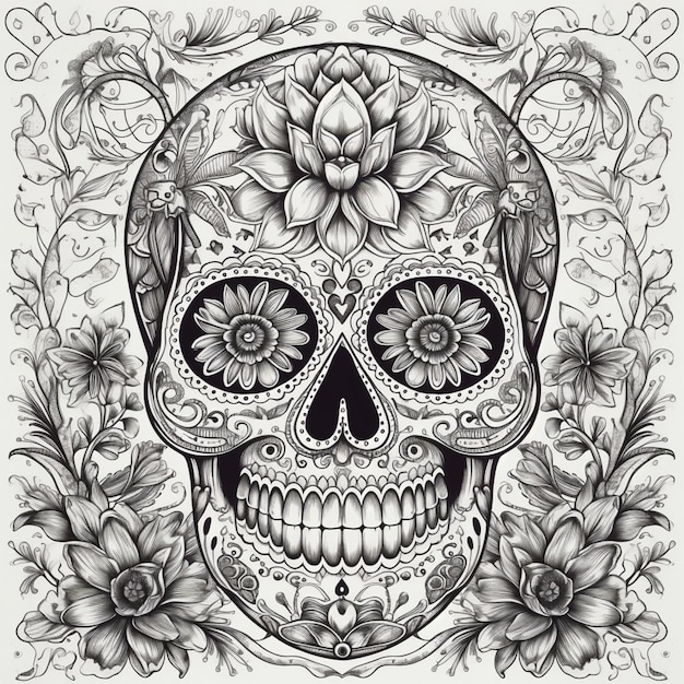 A black and white drawing of a skull with flowers.