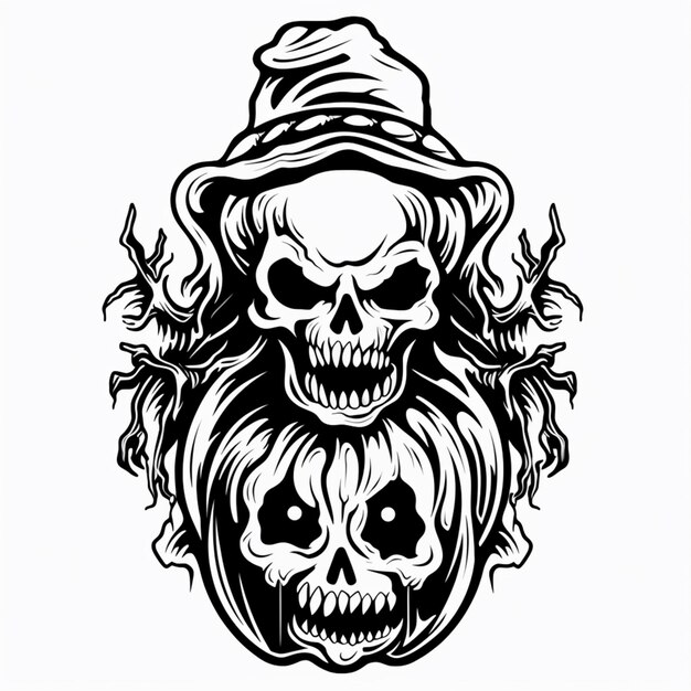 Photo a black and white drawing of a skull with a hat and a beard generative ai