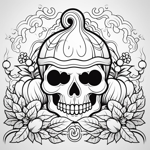 a black and white drawing of a skull with a helmet and flowers generative ai