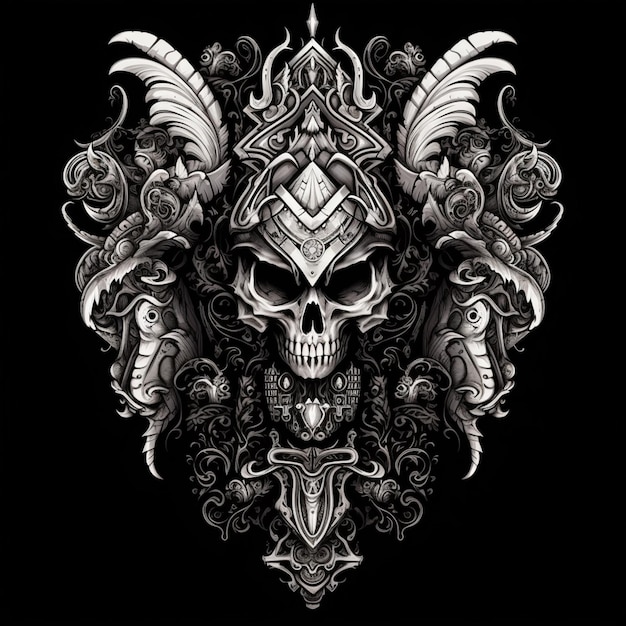 A black and white drawing of a skull with horns and a cross generative ai